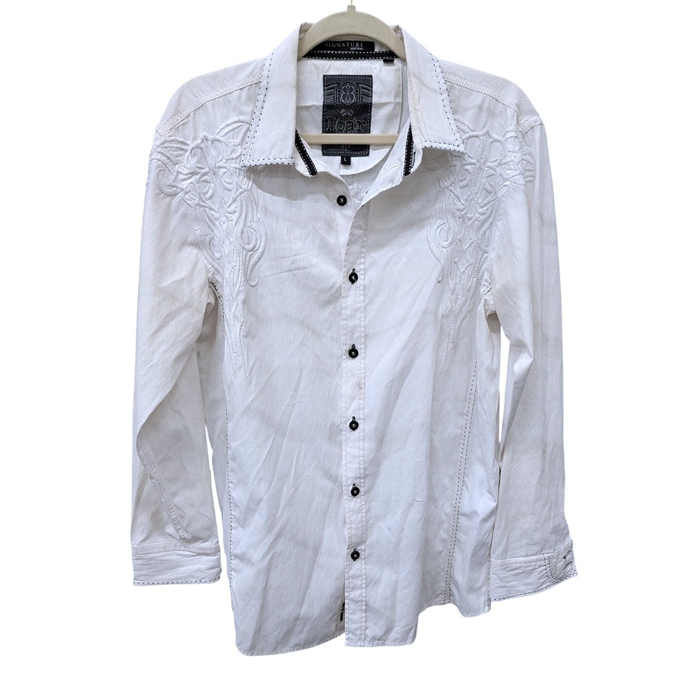 Roar Signature Edition Men's White Embroidered Western Button Down‎ Shirt- Large